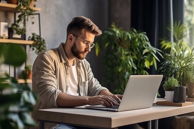 Młody mężczyzna pracuje przy komputerze w biurze Freelancer pracuje z laptopa Koncepcja edukacji biznesowej Generative AI