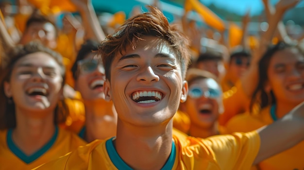 Młody mężczyzna promieniujący radością wśród tłumu wesołych fanów chwytających esencję szczęścia na wydarzeniu sportowym AI