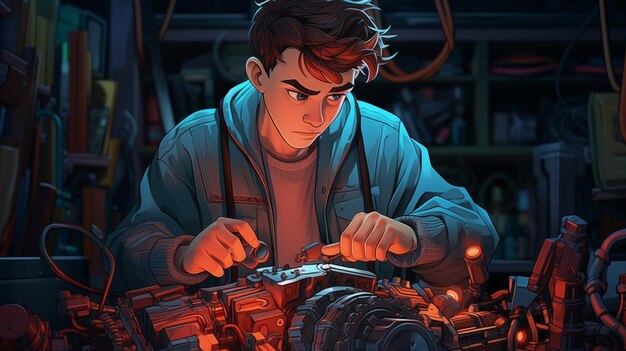 Młody mężczyzna siedzi i pracuje nad swoim mechanicznym pojazdem.