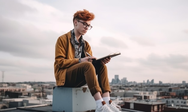 Młody mężczyzna siedzi na półce z książką w dłoni i patrzy na panoramę miasta w tle.