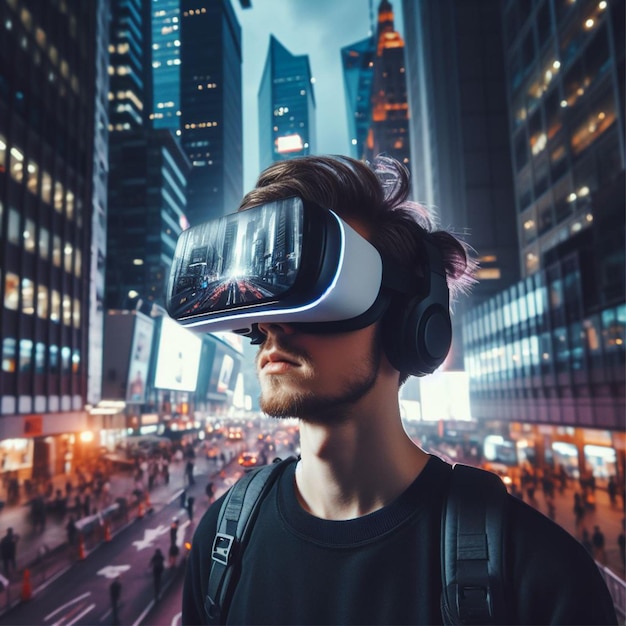 Młody mężczyzna stoi na ruchliwym chodniku całkowicie pochłonięty doświadczeniem wirtualnej rzeczywistości 1