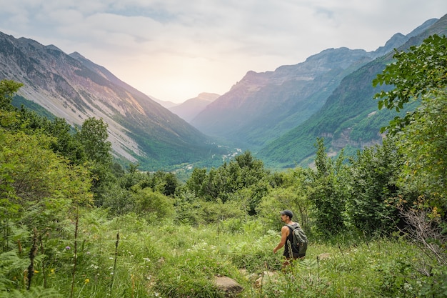 Młody mężczyzna trekking na szczycie zielonej góry między paprociami