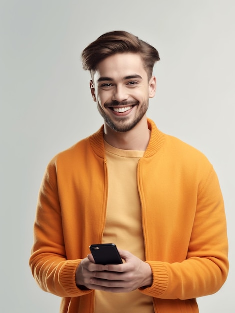 Młody mężczyzna trzymający smartfon uśmiechający się
