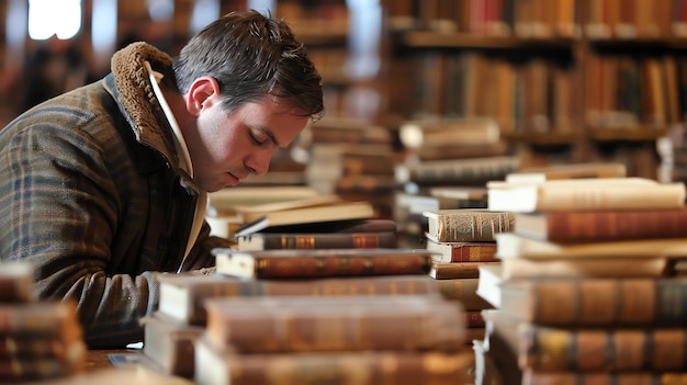 Młody mężczyzna w brązowej kurtce czyta książkę w bibliotece, otoczony stosami starych książek.