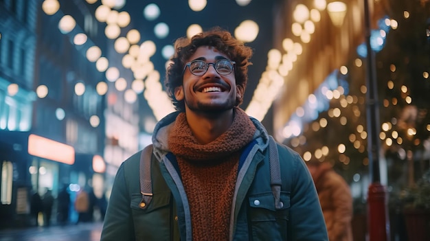 młody mężczyzna w ciepłych ubraniach i okularach uśmiecha się, patrząc na latarnie i podziwiając nocną ulicę Londynu