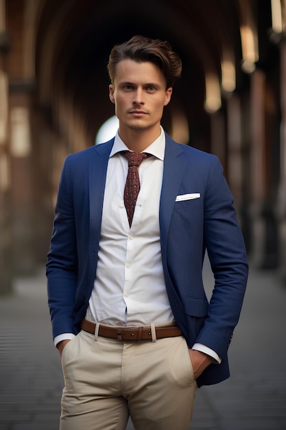 Młody mężczyzna w niebieskim blazerze i brązowych spodniach.