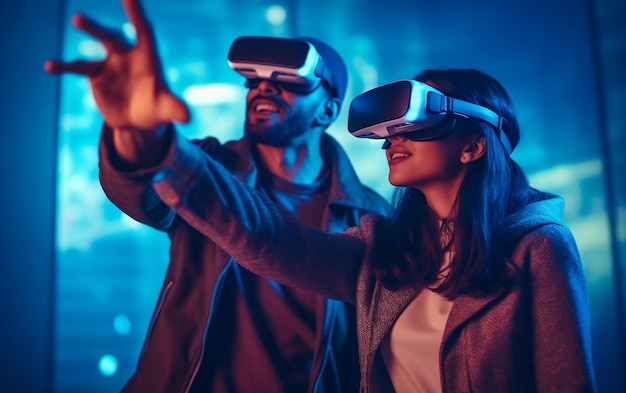Młody mężczyzna w nowoczesnych okularach wirtualnej rzeczywistości VR Nieruchomości biznes wskazujący palcem Busi