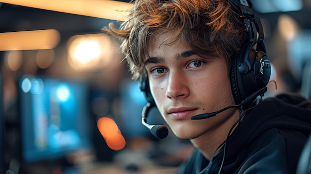 Młody mężczyzna w nowoczesnym biurze używa słuchawek i komputera z dedykowaną usługą