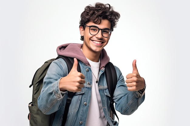 Młody mężczyzna w okularach i dżinsowej kurtce pokazuje kciuk do góry.