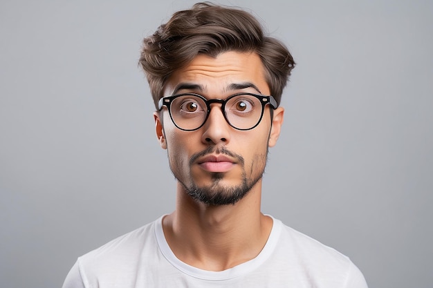 Młody mężczyzna w okularach myślący patrzący podejrzliwie wątpiący znak zapytania
