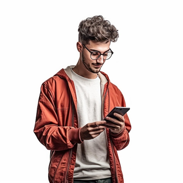 Młody mężczyzna w okularach patrzy na swój telefon i ma na sobie czerwoną kurtkę.