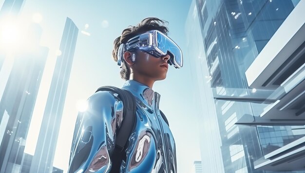 Młody mężczyzna w okularach rzeczywistości wirtualnej na tle drapaczy chmur w dzielnicy biznesowej