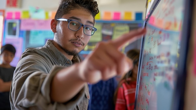 Młody mężczyzna w okularach wskazujący na tablicę w klasie