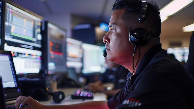 Młody mężczyzna w słuchawkach pracuje przy terminalu komputerowym w ruchliwym centrum telefonicznym. Jest skoncentrowany na swojej pracy i wydaje się pomagać klientowi.