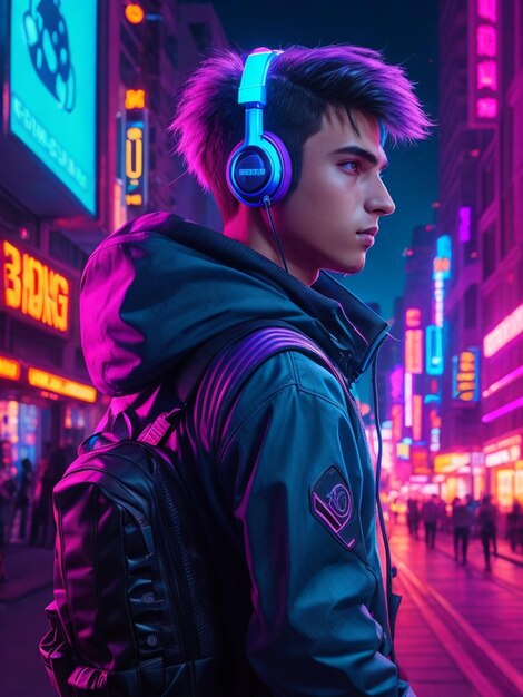 młody mężczyzna w słuchawkach stoi przed neonem z napisem „cris”.