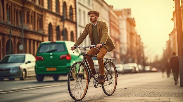 Młody mężczyzna w stylowych ubraniach jeżdżący starym rowerem po ulicy Generative Ai