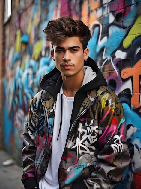 Młody mężczyzna w stylowych ubraniach przy ścianie graffiti
