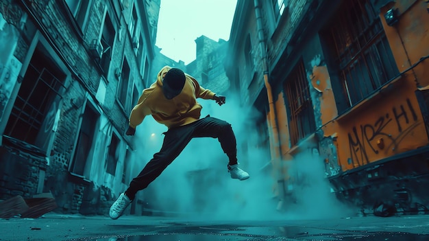 Zdjęcie młody mężczyzna w żółtym kapturze i czarnych spodniach tańczy w środowisku miejskim. mężczyzna jest otoczony dymem i wydaje się być w stanie ruchu.