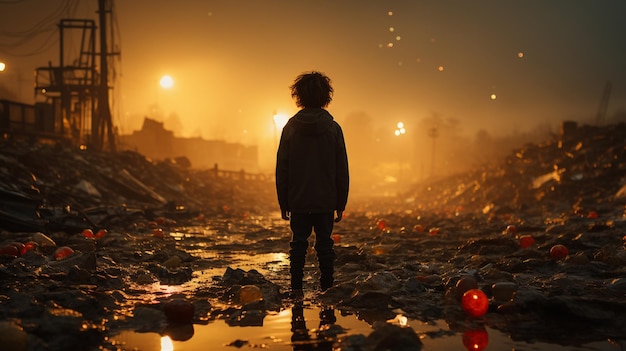 Młody mężczyzna w zwykłych ubraniach stojący w mieście z ogromną torbą na śmieci zanieczyszczenie środowiska ekologia zanieczyszczenie środowiska koncepcja ekologii