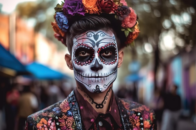 Młody mężczyzna z malowaną czaszką na twarzy na zewnątrz Obchody Dnia Zmarłych w Meksyku