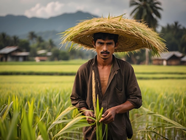 Zdjęcie młody mężczyzna zbiera ryż na polu ryżowym.