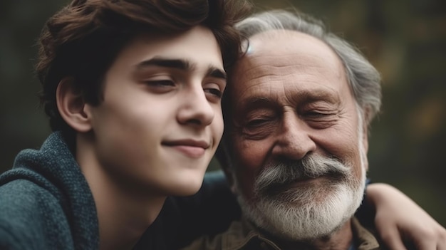 Młody mężczyzna ze starszym ojcem przytulający się do siebie Szczęśliwego dnia ojca