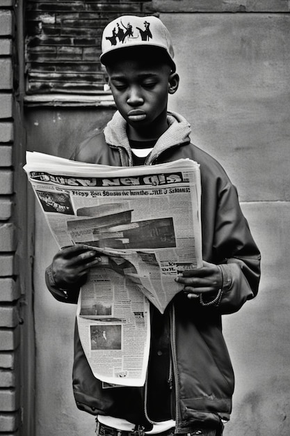 Młody nastolatek raper hip hop styl uliczny czytanie gazety na ulicach miejskich graffiti za