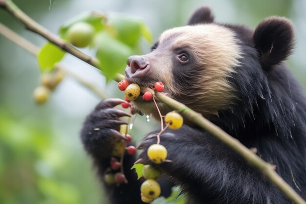 Młody niedźwiedź z okularami ucztuje się jagodami