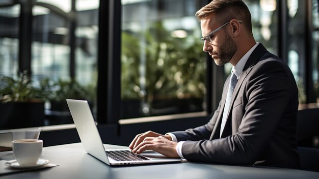 Zdjęcie młody nowoczesny biznesmen pracujący za pomocą laptopa siedząc w biurze