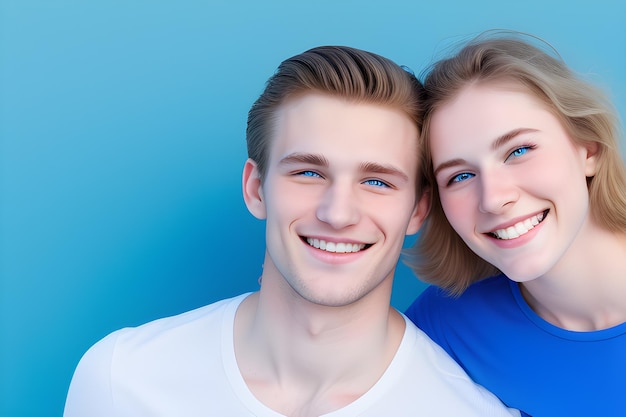 Młody piękny mężczyzna i kobieta uśmiechają się i pozują do kamery dziewczyna chłopak para przyjaciele związek koncepcja AI generatywny