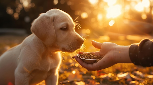 Młody piękny szczeniak Labrador Retriever je trochę jedzenia dla psów z ludzkiej ręki na zewnątrz podczas złotego zachodu słońca