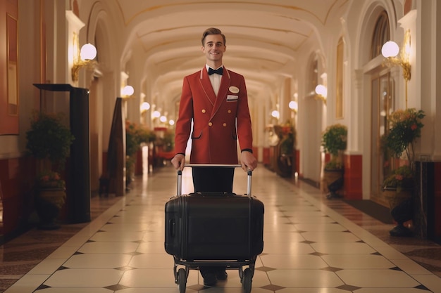 Młody portier w mundurze popycha wózek z bagażem wzdłuż korytarza hotelu.