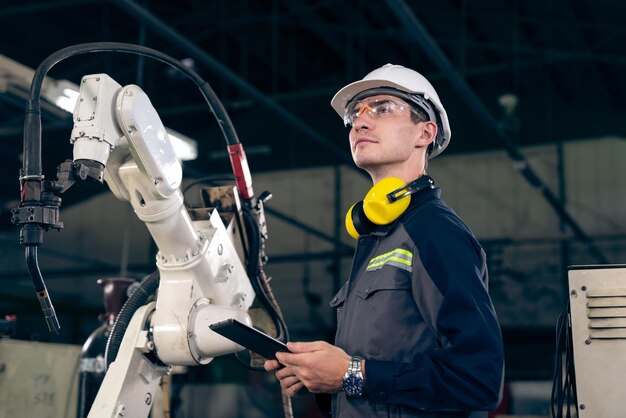 Młody pracownik fabryki pracujący z doświadczonym ramieniem robota