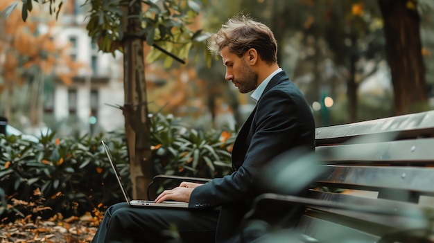 Młody profesjonalista siedzi na ławce w parku i pracuje na swoim laptopie. Ma na sobie garnitur i krawat i poważny wyraz twarzy.