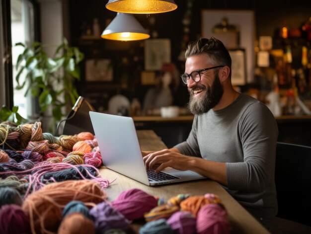 Młody przedsiębiorca i projektant mody pracujący z laptopem nad dzianiną w swoim atelier