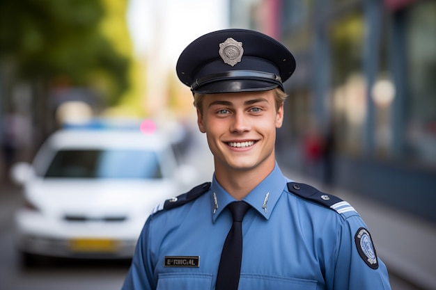 Młody, przystojny, blond mężczyzna na świeżym powietrzu w mundurze policyjnym.
