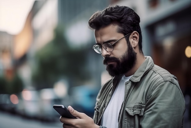 Młody przystojny brodaty hipster mężczyzna korzystający z telefonu komórkowego na zewnątrz w mieście Generacyjna AI
