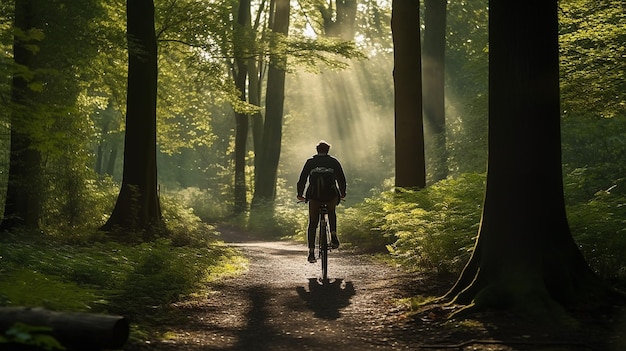młody przystojny mężczyzna na rowerze przez las