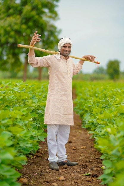 Młody rolnik indyjski stojący w dziedzinie rolnictwa bawełny.