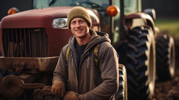 Młody rolnik stojący przed swoim traktorem