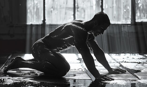 Młody sportowiec z muskularnym ciałem trenujący w siłowni Czarny i biały