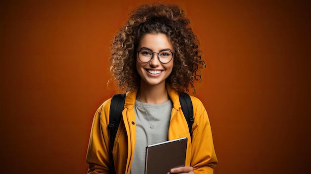 Młody student kręcone kobieta nosi okulary plecaka, trzymając książki i tabletki