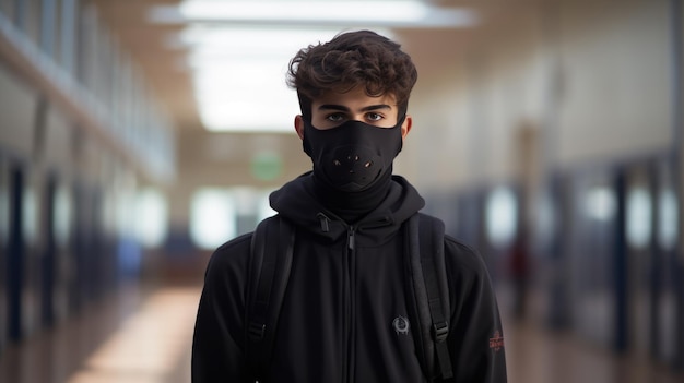 Młody student w ochronnej masce na twarz stojący przed halą kampusu Stworzony przy użyciu technologii Generative AI