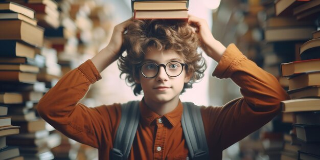 Młody student w okularach trzyma na głowie stos książek Generative Ai