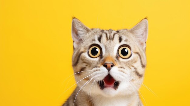 Młody szalony zaskoczony kot z dużymi oczami na żółtym tle