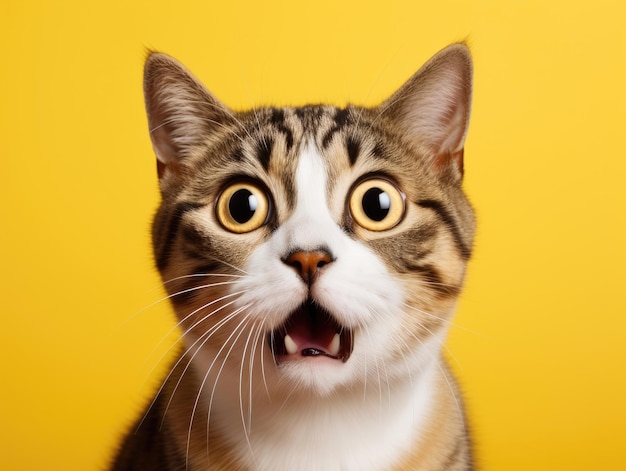 Młody szalony zaskoczony kot z dużymi oczami na żółtym tle