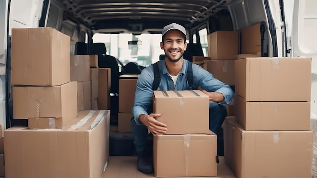 Młody szczęśliwy robotnik ręczny niosący kartonowe pudełka w furgonetce podczas komunikacji ze swoim kolegą