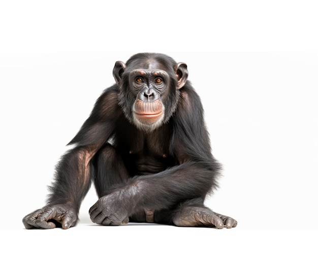 Młody szympans Simia troglodytes siedzi przed białym tłem