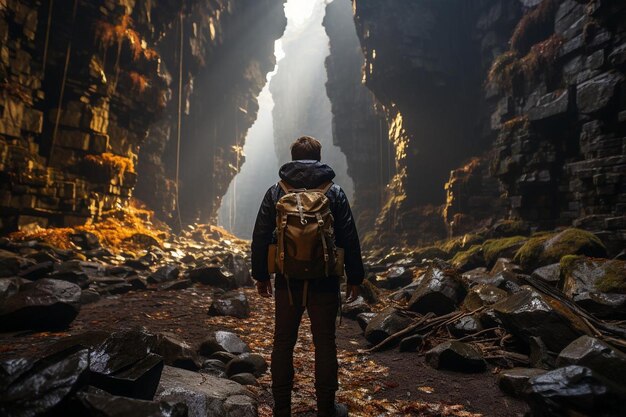 Zdjęcie młody turysta z plecakiem stojący przed skalistą jaskinią