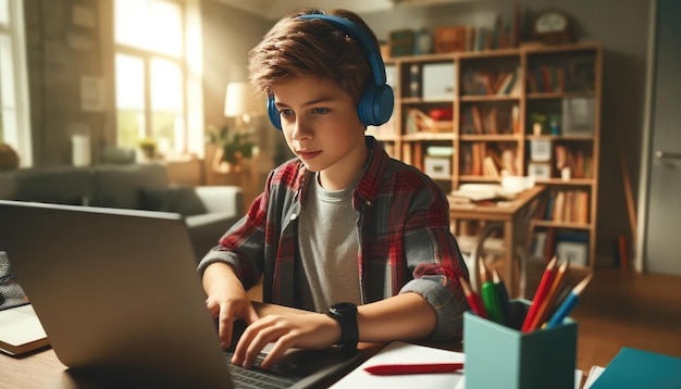 Młody uczeń uczący się online w domu